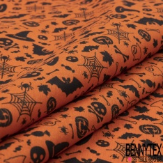 Coton imprimé toile araignée bonbon sorcière chauve-souris halloween fond orange