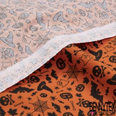 Coton imprimé toile araignée bonbon sorcière chauve-souris halloween fond orange
