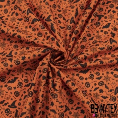 Coton imprimé toile araignée bonbon sorcière chauve-souris halloween fond orange