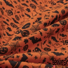 Coton imprimé toile araignée bonbon sorcière chauve-souris halloween fond orange