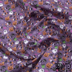 Coton imprimé halloween en fête fond violet