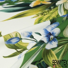 Deux panneaux twill satiné polyester imprimé floral cachemire multicolore fond blanc cassé