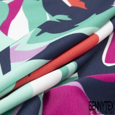 Crêpe viscose imprimé feuillage ethnic stylisé ton noir corail or de pépite fond fantaisie jaune pastel indigo