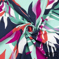 Crêpe viscose imprimé feuillage ethnic stylisé ton noir corail or de pépite fond fantaisie jaune pastel indigo