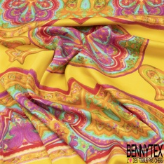 Satin Viscose Imprimé Grande Fleur Sauvage fond Ocre