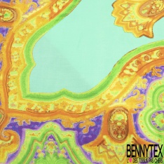 Panneau satin viscose imprimé grand motif cachemire fond citron