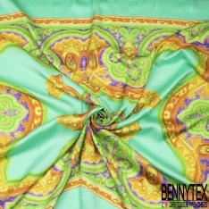 Panneau satin viscose imprimé grand motif cachemire fond citron