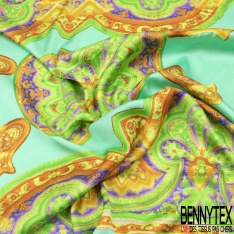 Panneau satin viscose imprimé grand motif cachemire fond citron