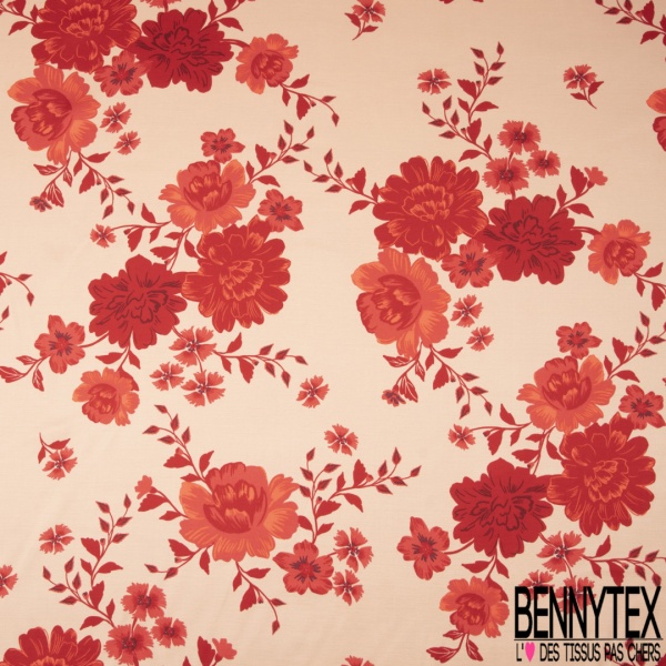 Satin viscose imprimé grande fleur japonisante camaïeu de rouge fond saumon pastel