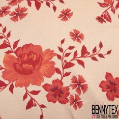 Satin viscose imprimé grande fleur japonisante camaïeu de rouge fond saumon pastel