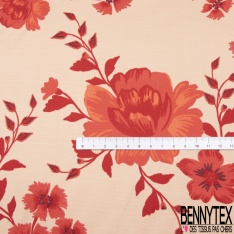 Satin viscose imprimé grande fleur japonisante camaïeu de rouge fond saumon pastel