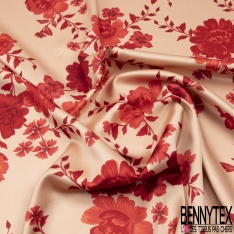 Satin viscose imprimé grande fleur japonisante camaïeu de rouge fond saumon pastel