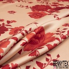 Satin viscose imprimé grande fleur japonisante camaïeu de rouge fond saumon pastel