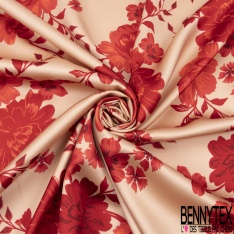 Satin viscose imprimé grande fleur japonisante camaïeu de rouge fond saumon pastel