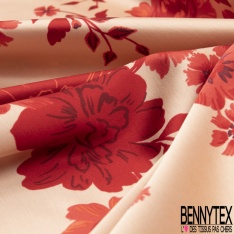 Satin viscose imprimé grande fleur japonisante camaïeu de rouge fond saumon pastel