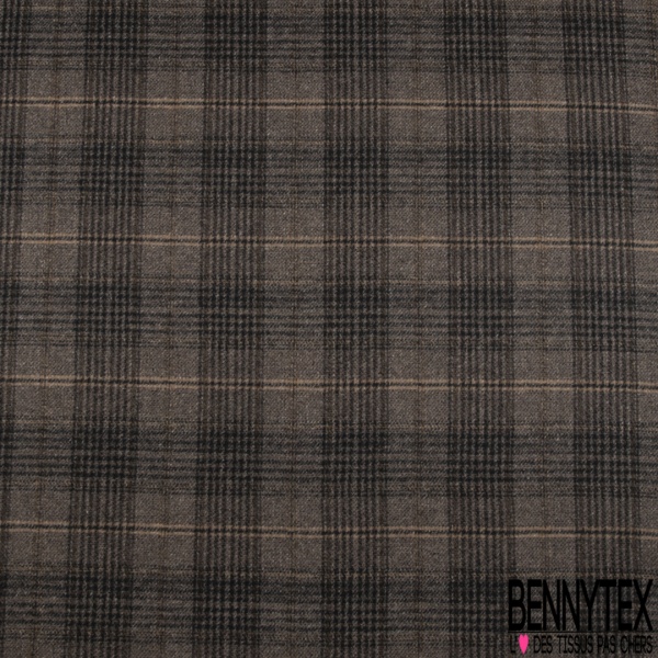 Polylaine imprimé tartan ton sable beige noir blanc cassé