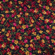 Coton double gaze imprimé floral naïf champêtre multicolore fond noir