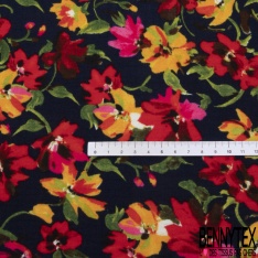 Coton double gaze imprimé floral naïf champêtre multicolore fond noir