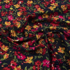 Coton double gaze imprimé floral naïf champêtre multicolore fond noir