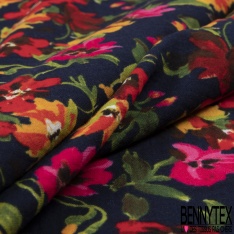 Coton double gaze imprimé floral naïf champêtre multicolore fond noir