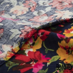 Coton double gaze imprimé floral naïf champêtre multicolore fond noir