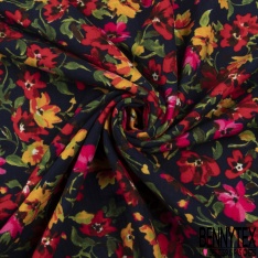 Coton double gaze imprimé floral naïf champêtre multicolore fond noir