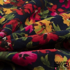 Coton double gaze imprimé floral naïf champêtre multicolore fond noir