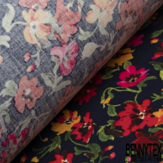 Coton double gaze imprimé floral naïf champêtre multicolore fond noir