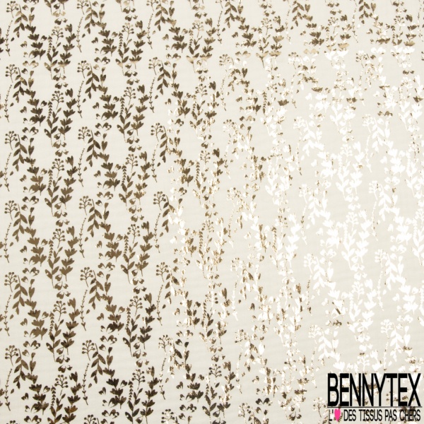Coton double gaze imprimé petite branche et dandelion mylar or fond bleu nuit