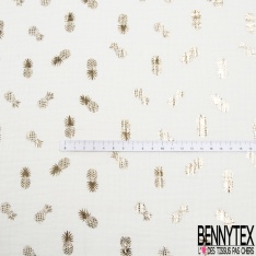 Coton double gaze motif ananas mylar or fond marine foncé