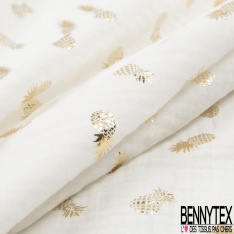 Coton double gaze motif ananas mylar or fond marine foncé