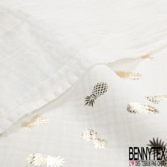 Coton double gaze motif ananas mylar or fond marine foncé