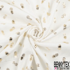 Coton double gaze motif ananas mylar or fond marine foncé