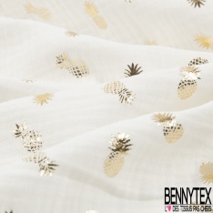 Coton double gaze motif ananas mylar or fond marine foncé
