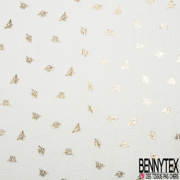 Coton double gaze motif ananas mylar or fond blanc cassé