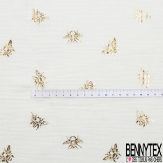 Coton double gaze motif ananas mylar or fond blanc cassé