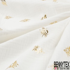 Coton double gaze motif ananas mylar or fond blanc cassé
