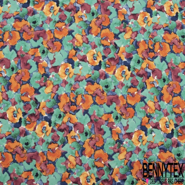 Crêpe polyester élasthanne imprimé floral pictural effet aquarelle rose bleu orange violet