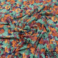 Crêpe polyester élasthanne imprimé floral pictural effet aquarelle rose bleu orange violet