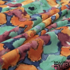 Crêpe polyester élasthanne imprimé floral pictural effet aquarelle rose bleu orange violet