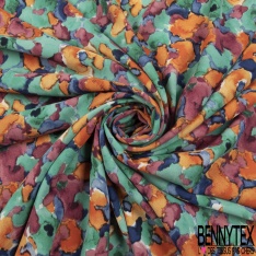 Crêpe polyester élasthanne imprimé floral pictural effet aquarelle rose bleu orange violet