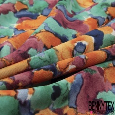 Crêpe polyester élasthanne imprimé floral pictural effet aquarelle rose bleu orange violet