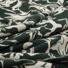 Coupon 3m Crêpe polyester élasthanne imprimé marbrure blanc cassé noir