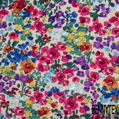 Coupon 3m Crêpe polyester élasthanne imprimé floral naïf champêtre multicolore fond nude rosé