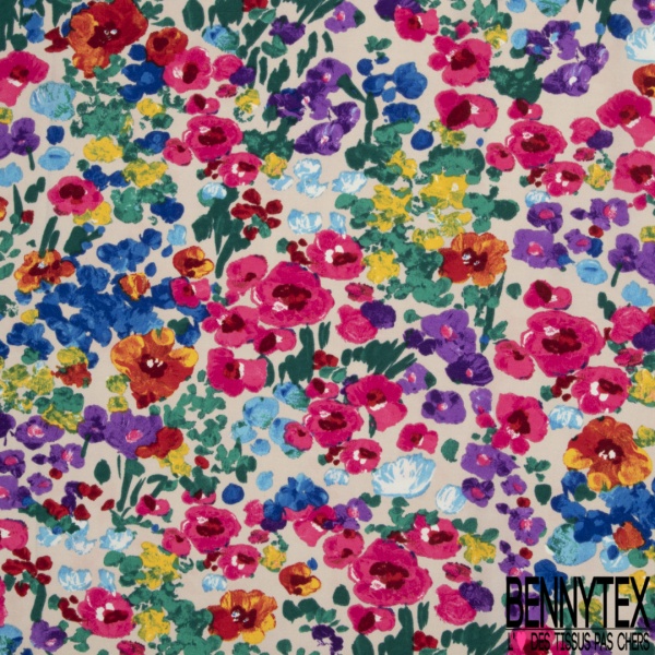 Coupon 3m Crêpe polyester élasthanne imprimé floral naïf champêtre multicolore fond nude rosé