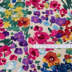 Coupon 3m Crêpe polyester élasthanne imprimé floral naïf champêtre multicolore fond nude rosé