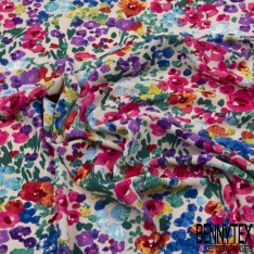 Coupon 3m Crêpe polyester élasthanne imprimé floral naïf champêtre multicolore fond nude rosé