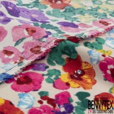 Coupon 3m Crêpe polyester élasthanne imprimé floral naïf champêtre multicolore fond nude rosé