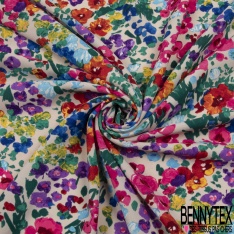 Coupon 3m Crêpe polyester élasthanne imprimé floral naïf champêtre multicolore fond nude rosé