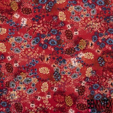 Coupon 3m microfibre imprimé floral folklorique multicolore fond rouge